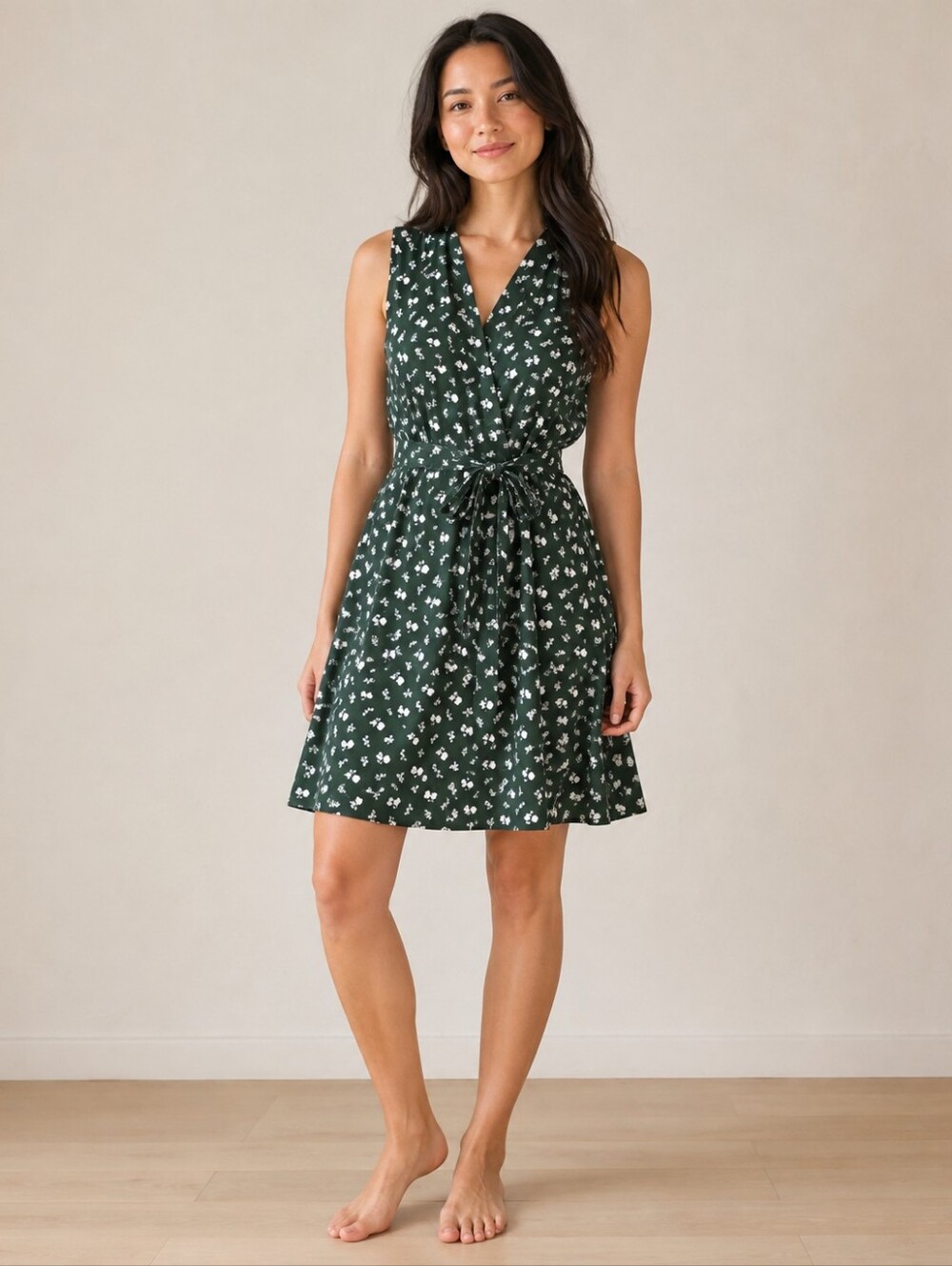 Dark Green Floral Tie-Waist Sleeveless Dress